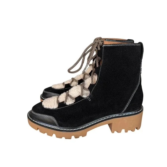 Soludos Womens Black Suede Faux Fur Lug Sole Hiker Boots 8.5 US 39 EU - Picture 2 of 11